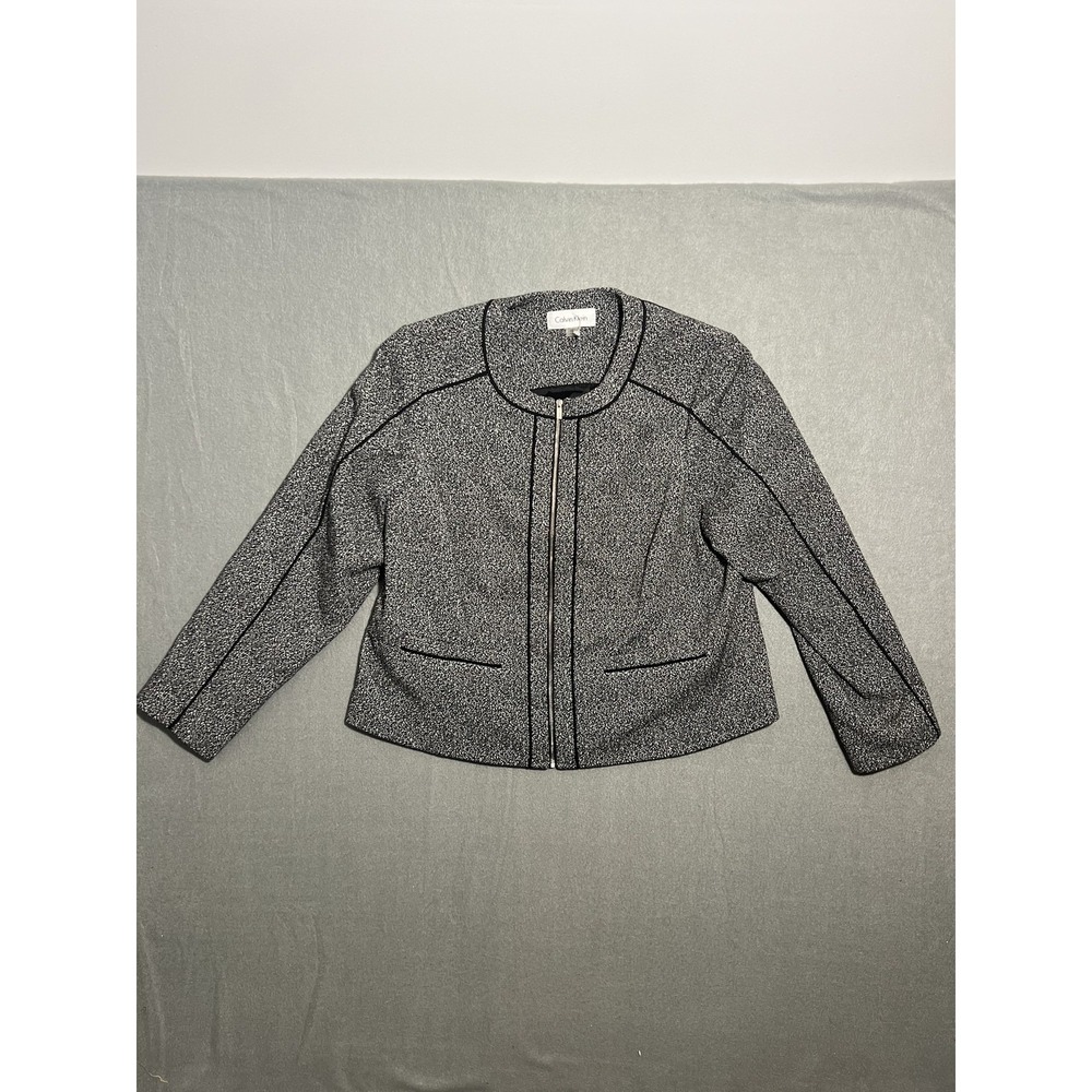 Calvin‎ Klein Women's 14W Black White Speckled Full Zip Cropped Jacket Blazer